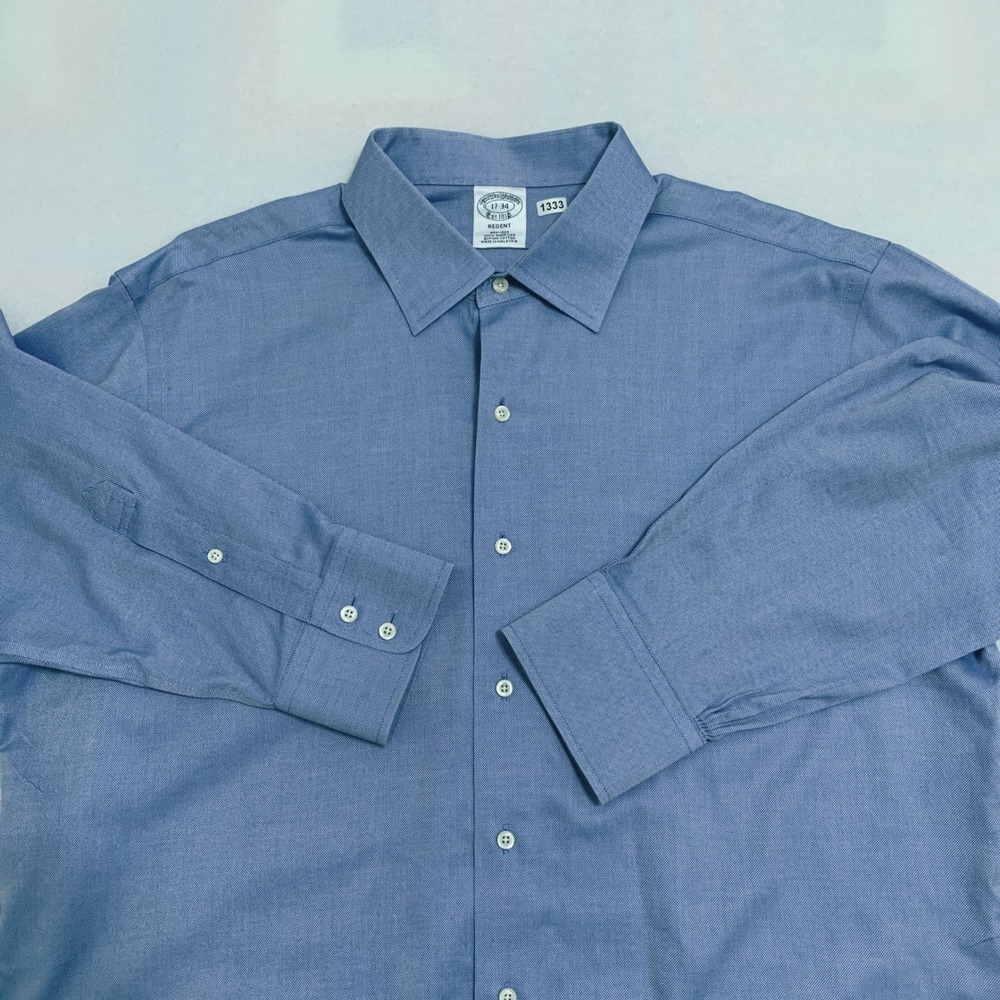 Brooks Brothers Dress Shirt Men's 17-34 Blue Long Sleeve Regent Non-Iron Supima
